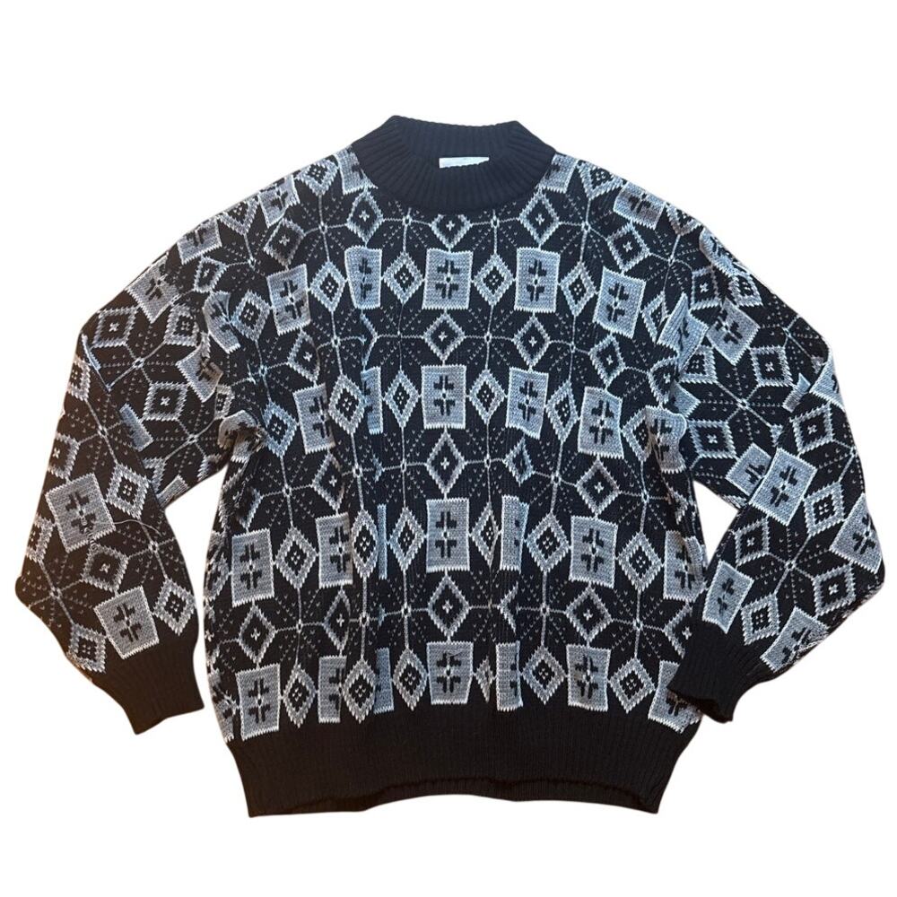 Pomodoro VTG black white knit geometric crew grandpa sweater SIZE‎ XL